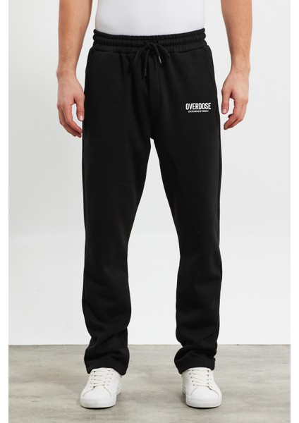 Erkek Siyah Baggy Düz Paça Bol Kesim Içi Polarlı Overdose Baskılı Pamuklu Eşofman Altı RF0497