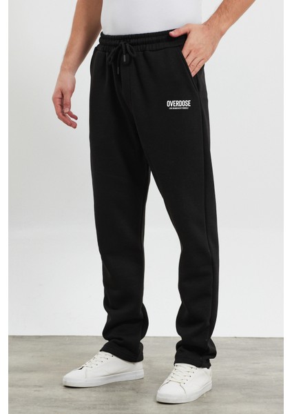 Erkek Siyah Baggy Düz Paça Bol Kesim Içi Polarlı Overdose Baskılı Pamuklu Eşofman Altı RF0497 fiyatları