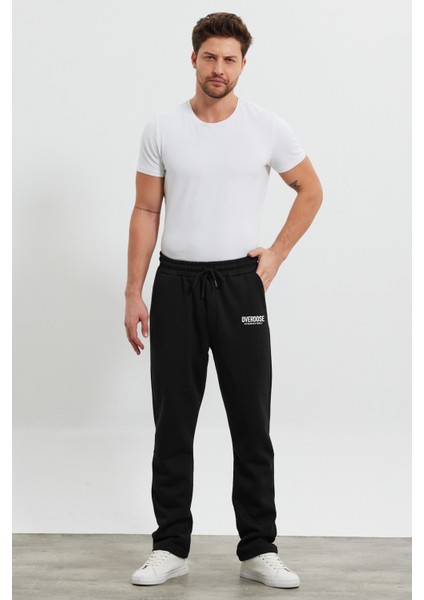 Erkek Siyah Baggy Düz Paça Bol Kesim Içi Polarlı Overdose Baskılı Pamuklu Eşofman Altı RF0497 fırsatları