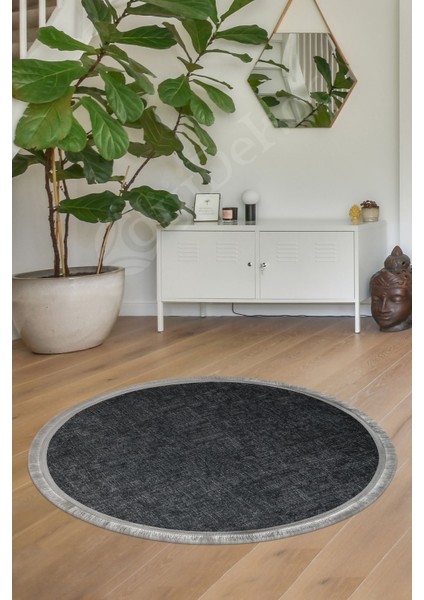Halı Antrasit K1290 Saçaklı Yuvarlak Kesme Ince Yolluk Kilim Salon Halısı Modelleri