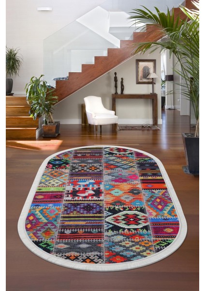 Halı Çok Renkli 9010 Yıkanabilir Saçaklı Oval Kesme Ince Yolluk Kilim Salon Halısı Modeli