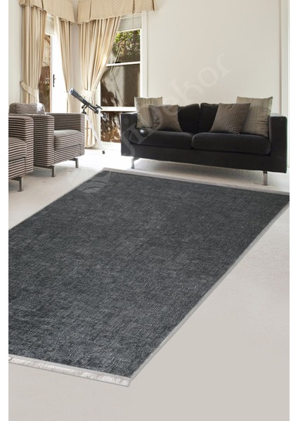 Halı Antrasit K1290 Yıkanabilir Saçaklı Kesme Ince Yolluk Kilim Salon Halısı Modeli
