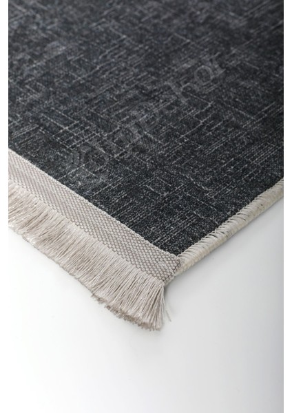Halı Antrasit K1290 Yıkanabilir Saçaklı Kesme Ince Yolluk Kilim Salon Halısı Modeli