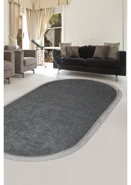 Halı Antrasit K1290 Saçaklı Oval Kesme Ince Yolluk Kilim Salon Halısı Modelleri