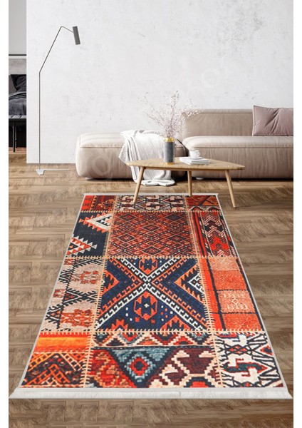 Halı Turuncu K1300 Yıkanabilir Saçaklı Kesme Ince Yolluk Kilim Salon Halısı Modeli