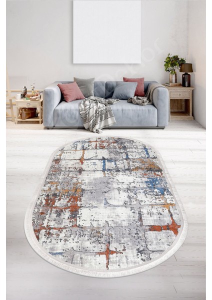 Halı Multi KY7005 Saçaklı Oval Kaymaz Kesme Ince Yolluk Kilim Salon Halısı Modelleri