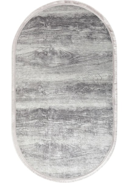 Halı Gri KY7056 Yıkanabilir Saçaklı Oval Kesme Ince Yolluk Kilim Salon Halısı Modeli