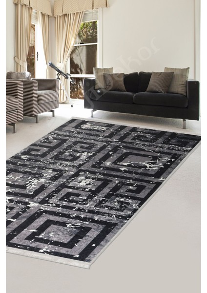 Halı Siyah K1320 Yıkanabilir Saçaklı Kesme Ince Yolluk Kilim Salon Halısı Modelleri