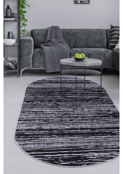 Halı Siyah Gri YM4700 Yıkanabilir Oval Kesme Ince Yolluk Kilim Salon Halısı Modeli