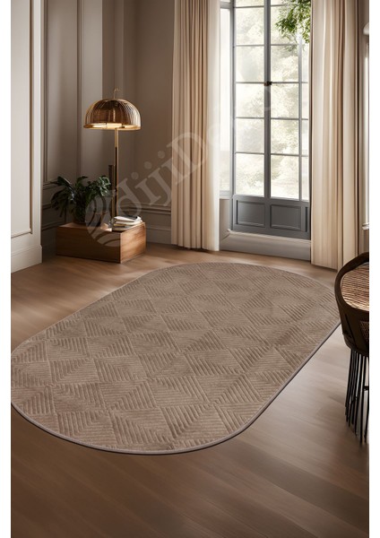 Halı  Kahverengi Pramit Desenli Kaymaz Oval Kesme Yolluk Kilim Salon Halısı Modelleri