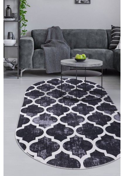 Halı Siyah Maça Yıkanabilir Saçaksız Oval Kesme Ince Yolluk Kilim