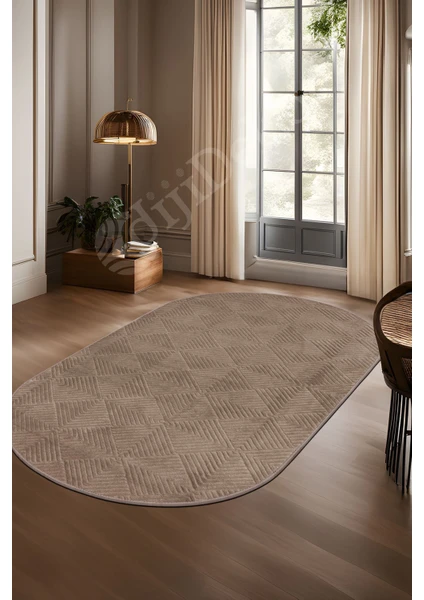 Diji Dekor Halı  Kahverengi Pramit Desenli Kaymaz Oval Kesme Yolluk Kilim Salon Halısı Modelleri