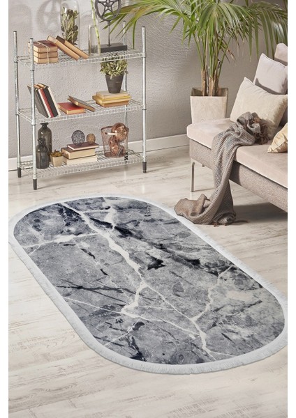 Halı Gri Granit Yıkanabilir Saçaklı Oval Kesme Ince Yolluk Kilim