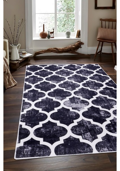 Halı Siyah Maça Yıkanabilir Saçaksız Kesme Ince Yolluk Kilim