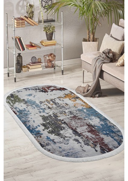 Halı Mavi Modern Saçaklı Oval Kaymaz Kesme Ince Yolluk Kilim