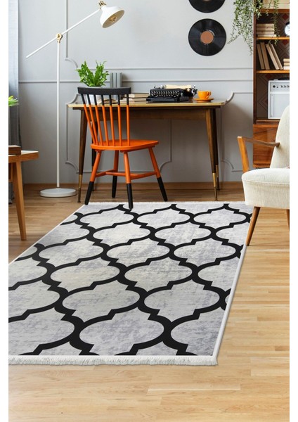 Halı Gri Maça Desenli Yıkanabilir Saçaklı Kesme Ince Yolluk Kilim
