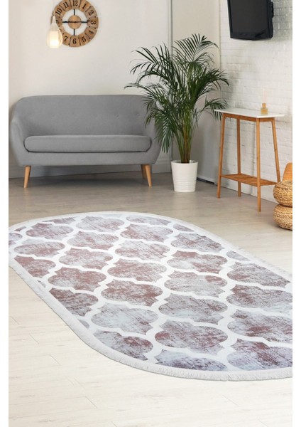 Halı Bej Maça Yıkanabilir Saçaklı Oval Kesme Ince Yolluk Kilim