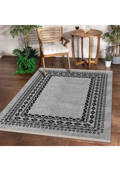 Halı Gri O22136 Yıkanabilir Saçaklı Ince Yolluk Kilim