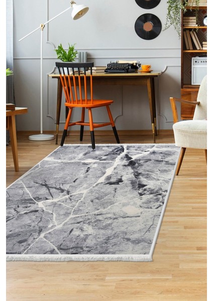 Halı Gri Granit Yıkanabilir Saçaklı Kesme Ince Yolluk Kilim