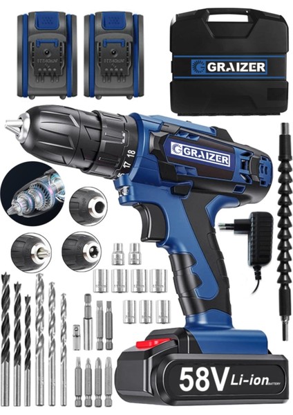 Trex 58 V 5 Ah Bakır Sargı Darbeli Çift Akülü Vidalama Metal Şanzuman Şarjlı Matkap