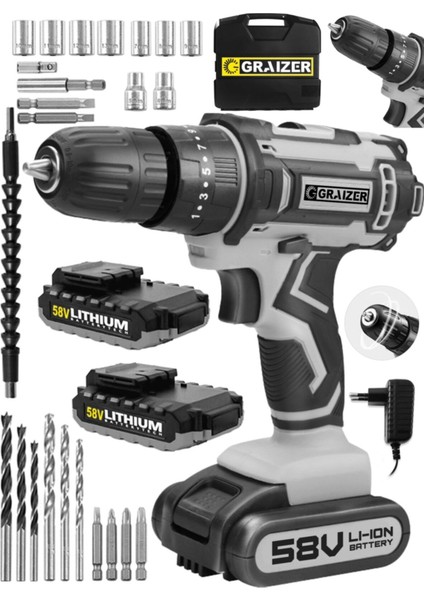 Technology 58 V 5 Ah Darbeli Çift Akülü Vidalama Metal Şanzuman Şarjlı Matkap