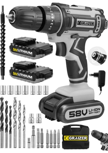 Technology 58 V 5 Ah Darbeli Çift Akülü Vidalama Metal Şanzuman Şarjlı Matkap