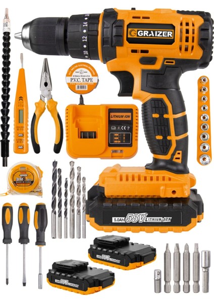 Technology 58 V 5 Ah Darbeli Çift Akülü Şarjlı Vidalama Matkap 32 Parça Hobi Set