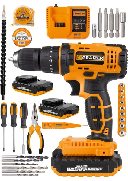 Technology 58 V 5 Ah Darbeli Çift Akülü Şarjlı Vidalama Matkap 32 Parça Hobi Set