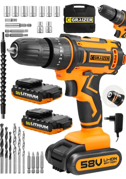 Technology 58 V 5 Ah Darbeli Çift Akülü Vidalama Metal Şanzuman Şarjlı Matkap