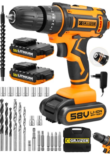 Technology 58 V 5 Ah Darbeli Çift Akülü Vidalama Metal Şanzuman Şarjlı Matkap