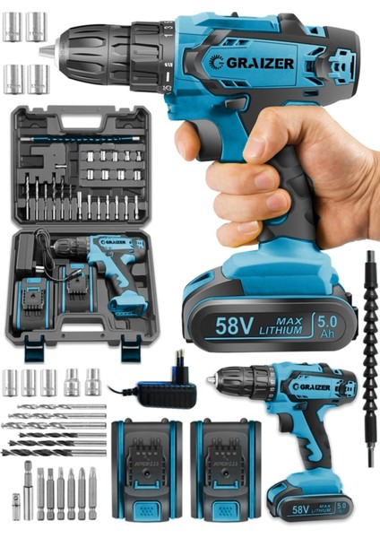Gtx-58 V 5 Ah Darbeli Metal Şanzuman Bakır Sargılı Çift Akülü Vidalama Matkap + 27 Parça Setli