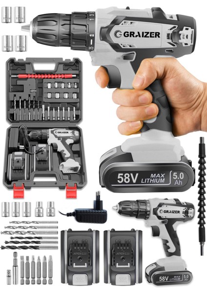 Gtx-58 V 5 Ah Darbeli Metal Şanzuman Bakır Sargılı Çift Akülü Vidalama Matkap + 27 Parça Setli