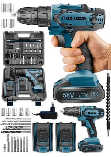 Gtx-58 V 5 Ah Darbeli Metal Şanzuman Bakır Sargılı Çift Akülü Vidalama Matkap + 27 Parça Setli