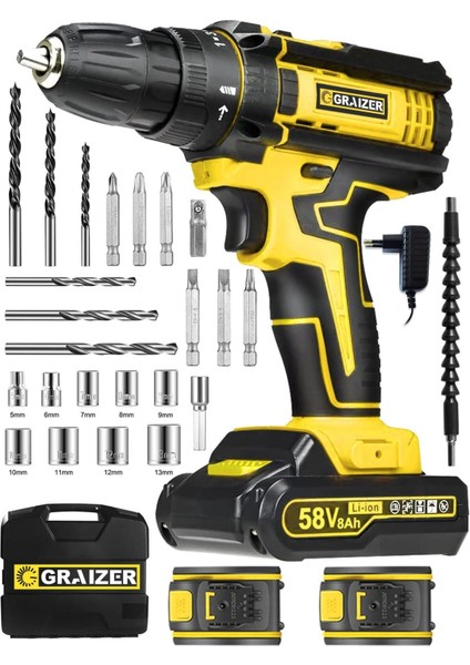 58 Volt 5 Ah Çift Vites Darbeli Çift Akülü Şarjlı Vidalama Matkap 24 Parça Set Sarı