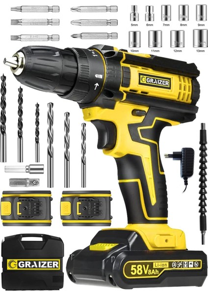 58 Volt 5 Ah Çift Vites Darbeli Çift Akülü Şarjlı Vidalama Matkap 24 Parça Set Sarı