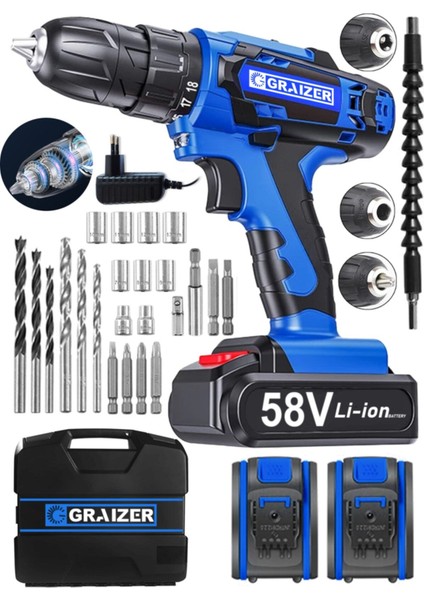 V-Tec 58 V 5 Ah Çelik Motor Çelik Şanzuman Darbeli Şarjlı Çift Akülü Vidalama Matkap