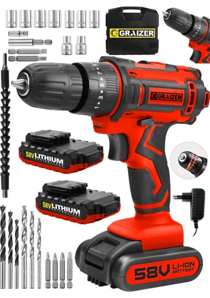 Technology 58 V 5 Ah Darbeli Çift Akülü Vidalama Metal Şanzuman Şarjlı Matkap