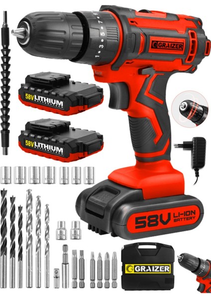 Technology 58 V 5 Ah Darbeli Çift Akülü Vidalama Metal Şanzuman Şarjlı Matkap