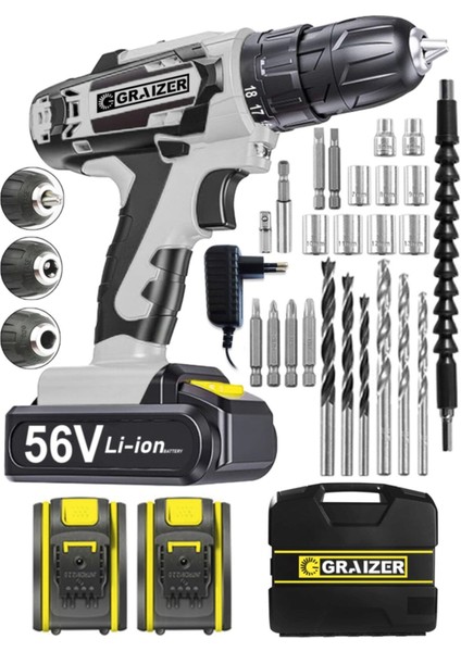 V-Tec 56 V 5 Ah Çelik Motor Çelik Şanzuman Darbeli Şarjlı Çift Akülü Vidalama Matkap