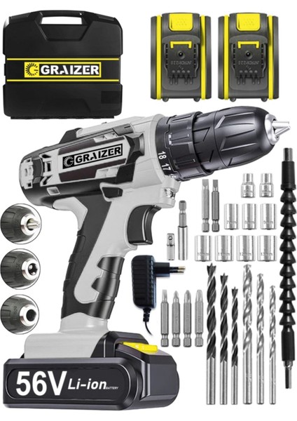 V-Tec 56 V 5 Ah Çelik Motor Çelik Şanzuman Darbeli Şarjlı Çift Akülü Vidalama Matkap