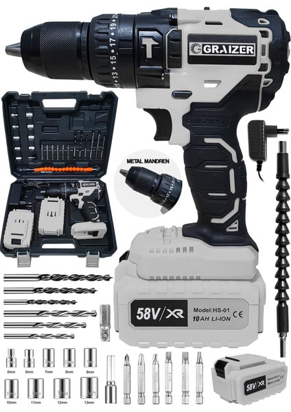 58 V 5 Ah 13 mm Metal Mandren Darbeli Çift Akülü Vidalama Matkap + 27 Parça Pro Set Gri