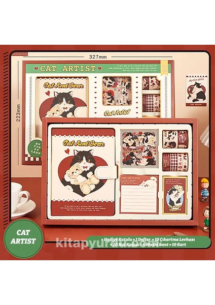 Cat And Bear Temalı Hediye Kutulu Kit Defter Washi Bant Not Kağıdı Sticker Kart GGK NA004