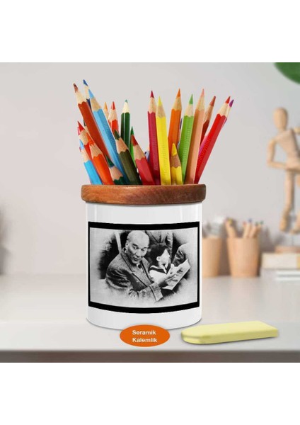 Öğretici Mustafa Kemal Atatürk Ahşap Seramik Kalemlik -A1110)