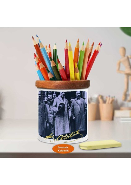 Paltolu Mustafa Kemal Atatürk Ahşap Seramik Kalemlik-s389