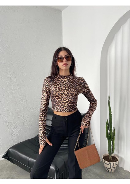 Siyah Bej Leopar Desenli  Crop Jarse Body BLUZ-BGB31