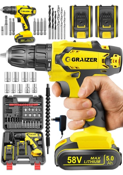 58 V 5 Ah Darbeli Metal Dişli Şanzuman Çift Akülü Şarjlı Vidalama Matkap 24 Parça Set