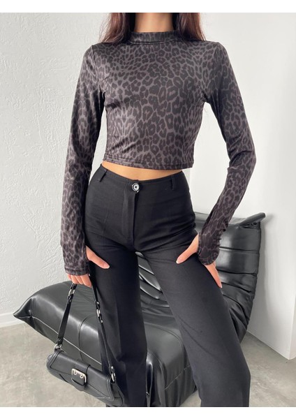 Leopar Desenli  Crop Jarse Body BLUZ-BGB30