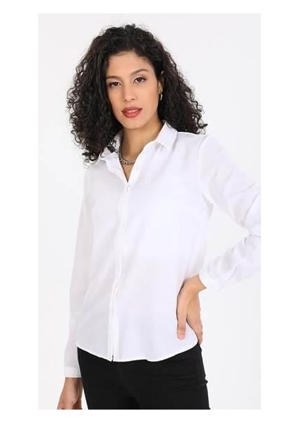 Beyaz Uzun Kollu Likrali Şık Smart Kadın Gömlek - BGG48