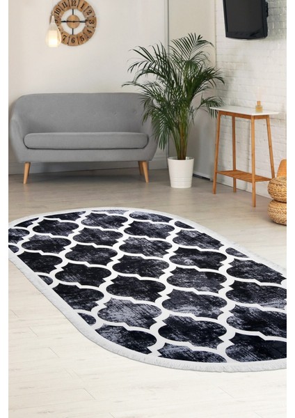 Halı Siyah Maça Yıkanabilir Saçaklı Oval Kesme Ince Yolluk Kilim