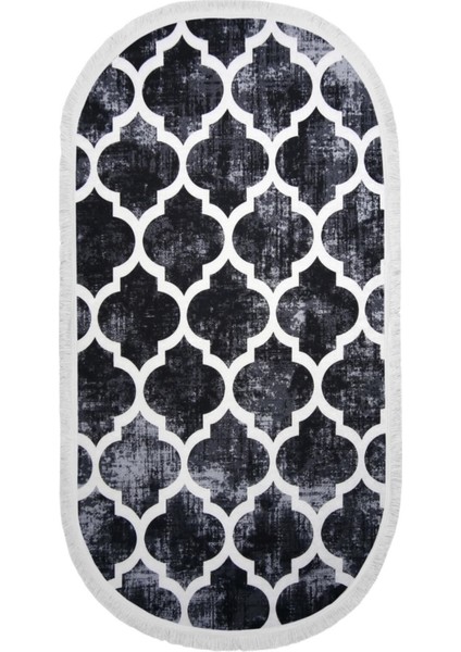 Halı Siyah Maça Yıkanabilir Saçaklı Oval Kesme Ince Yolluk Kilim